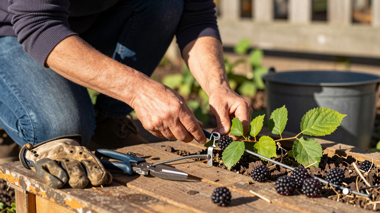 Persona cosechando moras en un jardín, usando tijeras de podar sobre una mesa de madera. guantes y herramientas al lado.