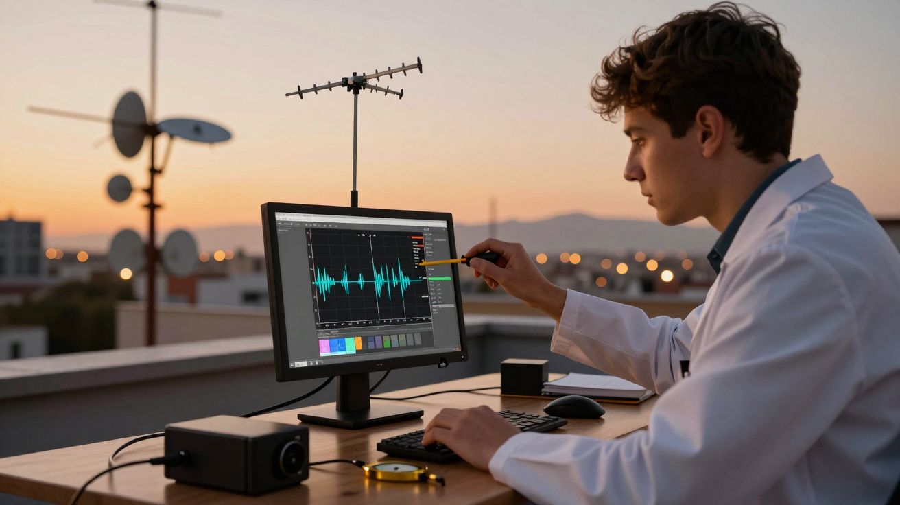 Joven científico analiza datos en un ordenador al atardecer, con antena y equipos en una azotea urbana.