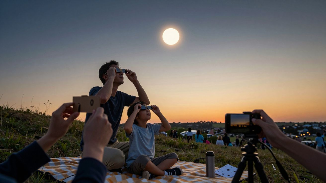 Personas observando un eclipse solar al atardecer con gafas de protección, sentadas en una manta sobre el césped.