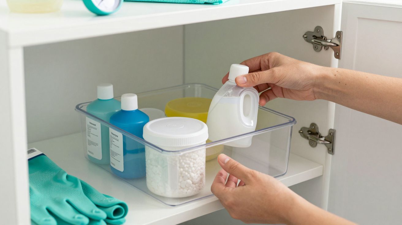 Manos organizando productos de limpieza en un estante, con guantes de goma verdes al lado.