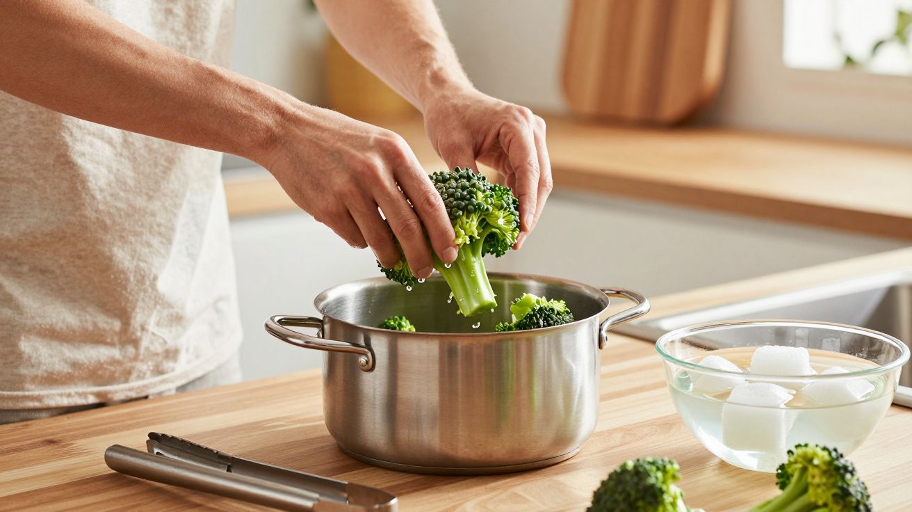 Manos colocando brócoli en una olla en la cocina, junto a un bol con agua y una pinza sobre la encimera de madera.