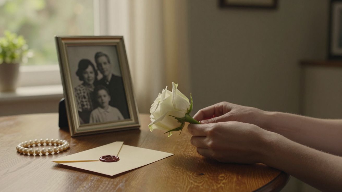 Manos sosteniendo una rosa blanca junto a una foto enmarcada y una carta sellada sobre una mesa.