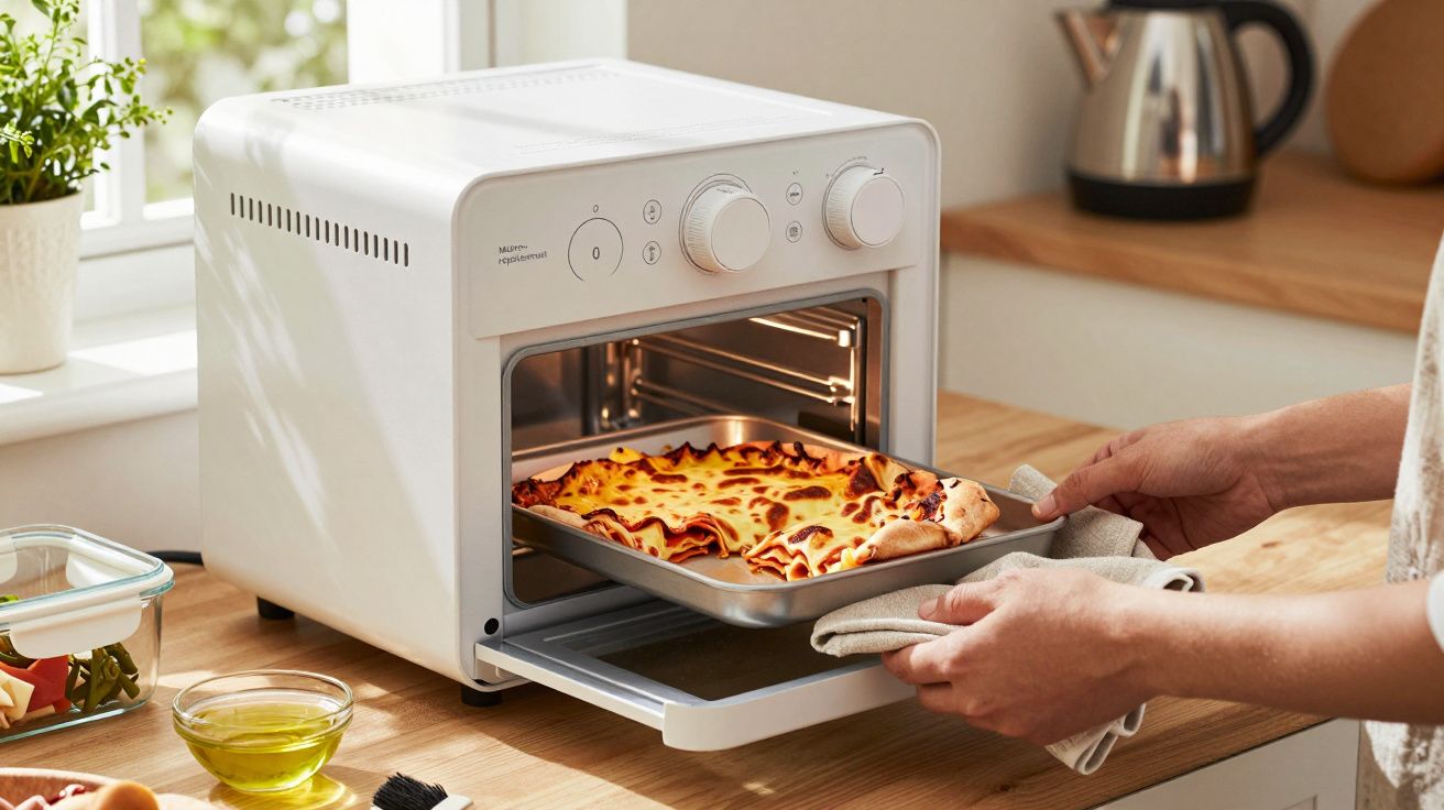 Persona sacando lasaña dorada del horno pequeño en una cocina moderna iluminada por luz natural.