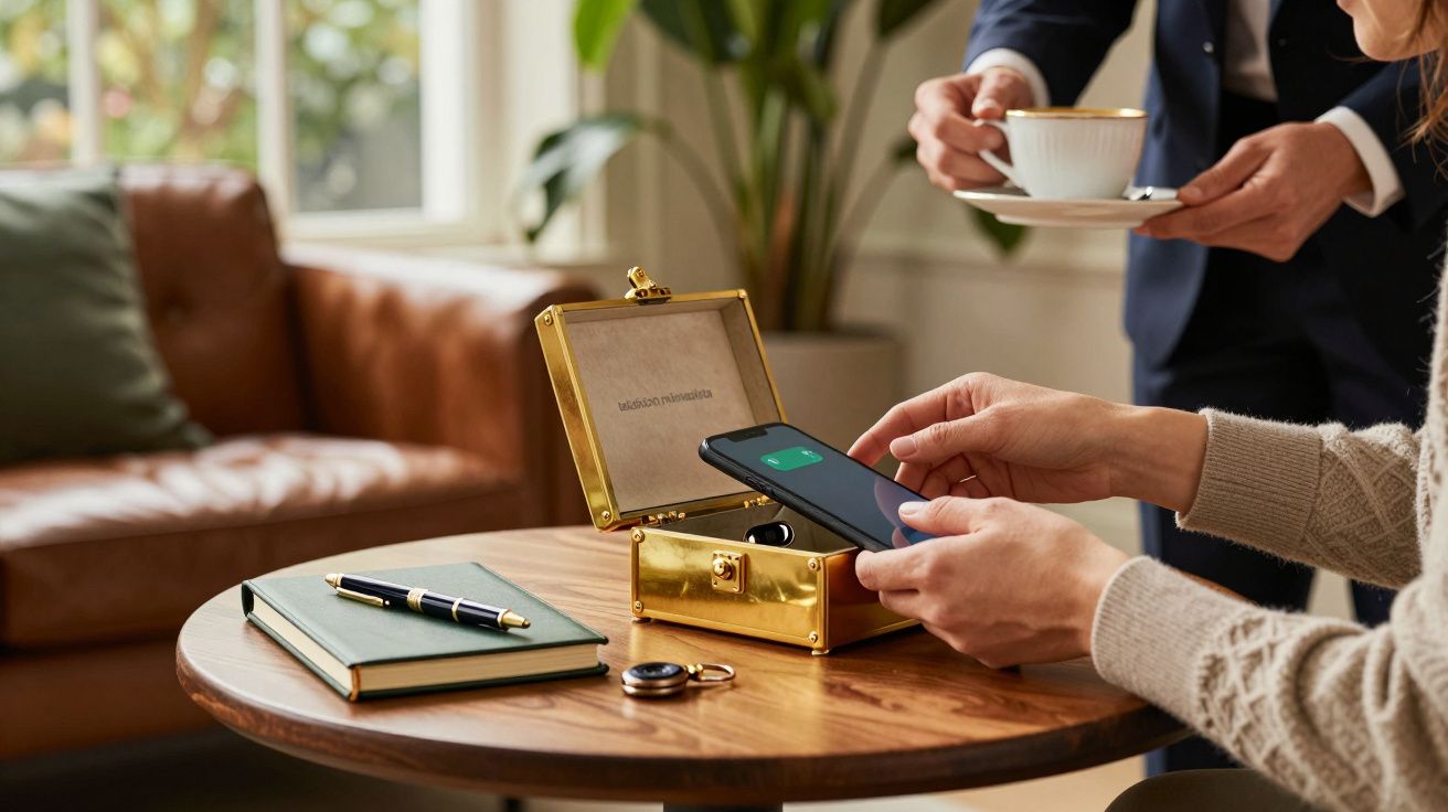 Persona sostiene un móvil cerca de una caja dorada en una mesa; otra ofrece una taza. Sofá y ventana al fondo.