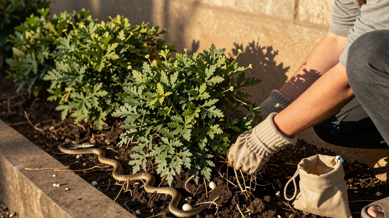 Persona con guantes de jardinería planta arbustos, mientras una serpiente pasa cerca en el jardín.