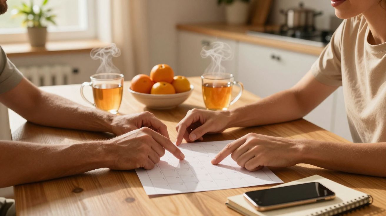 Manos señalando un calendario sobre la mesa, con tazas de té humeante y frutero con naranjas al fondo.