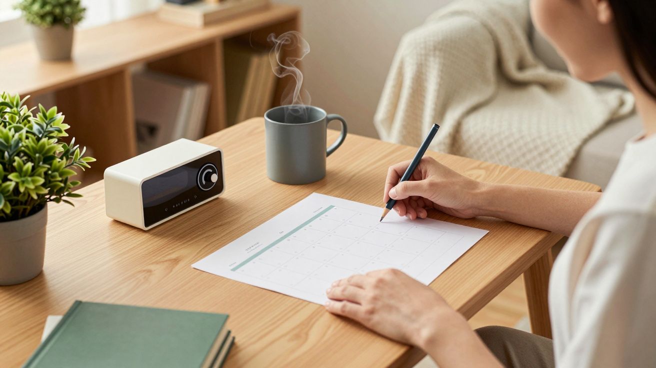 Persona escribiendo en un calendario en un escritorio con taza, reloj digital y planta.