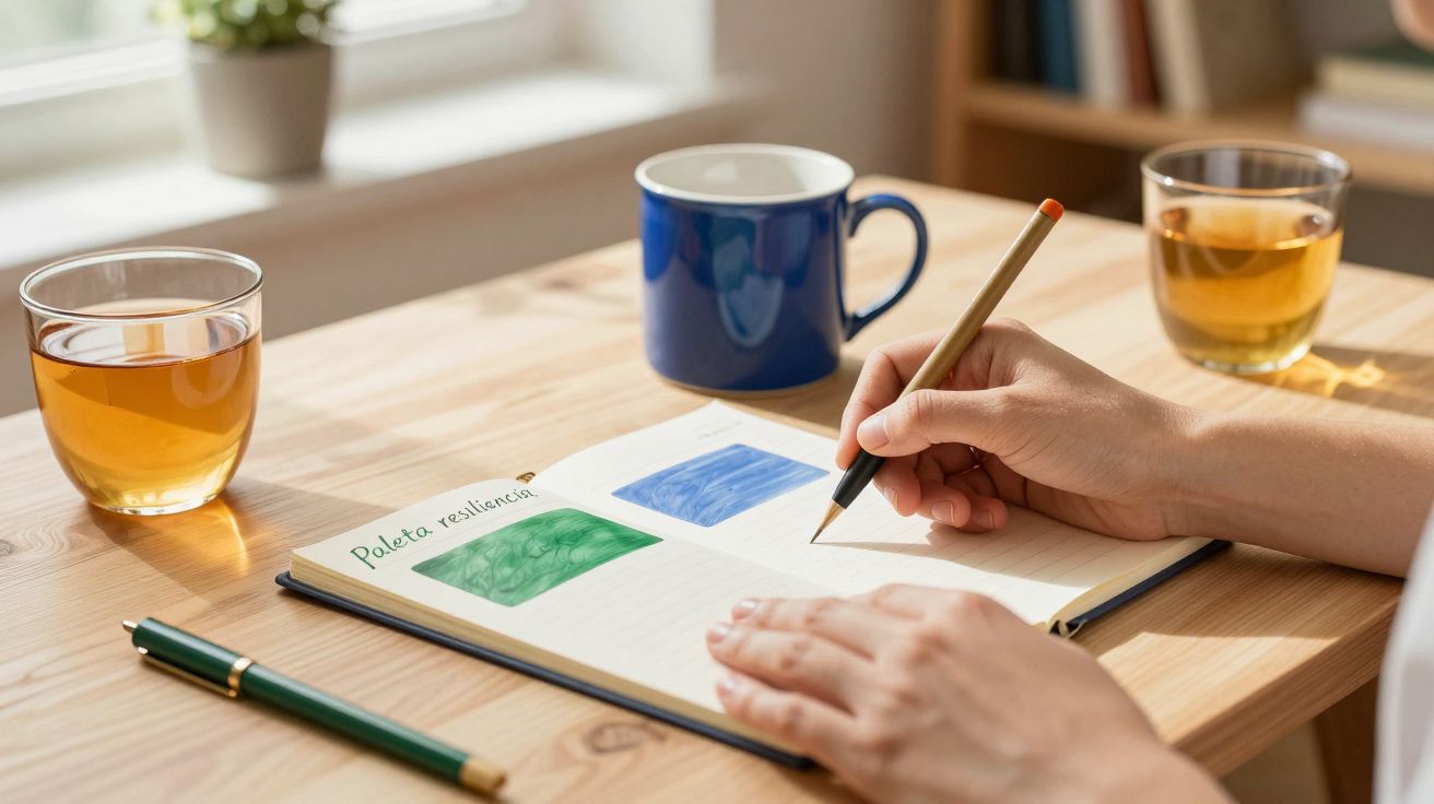 Mano escribiendo en cuaderno junto a tres tazas sobre mesa de madera.