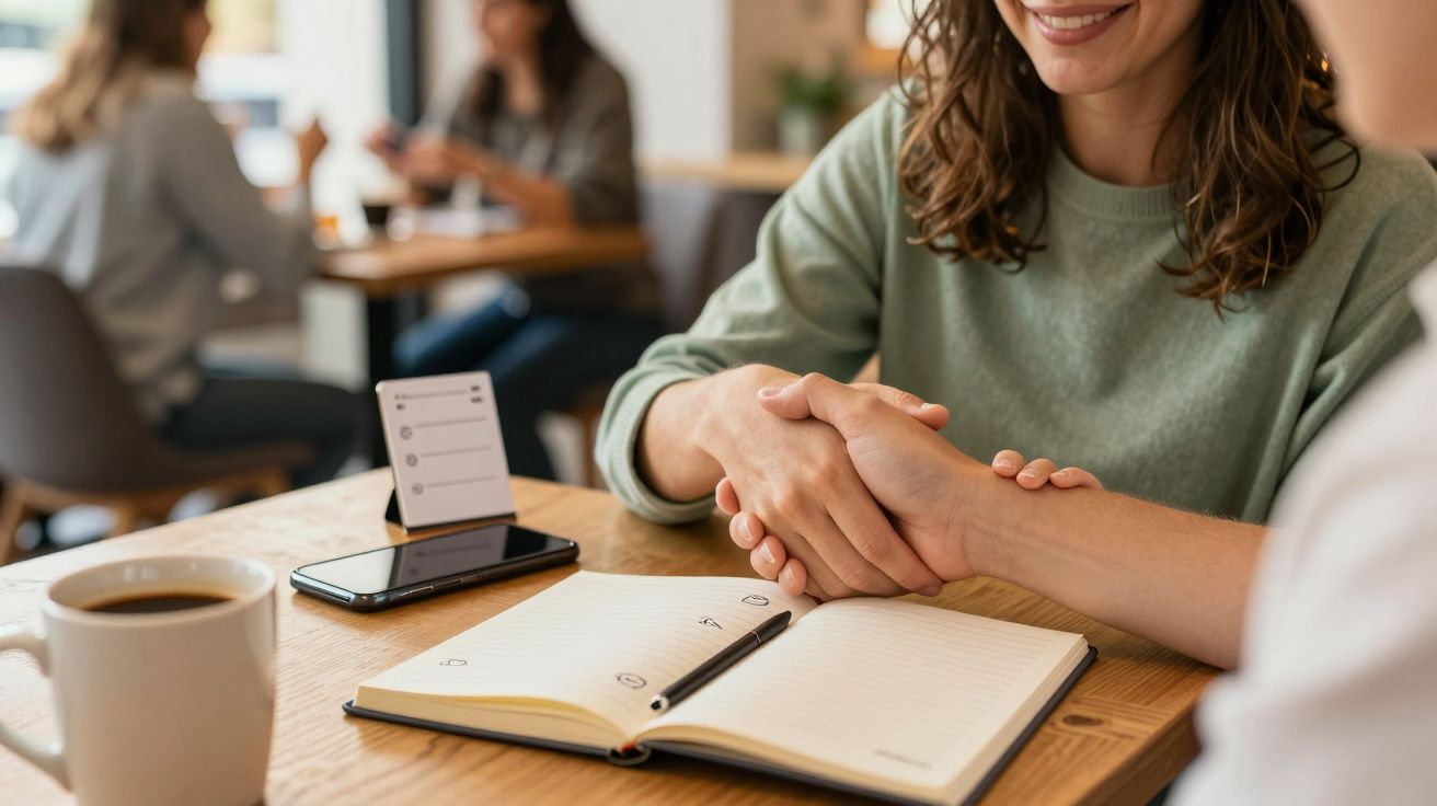 Mujeres dándose la mano con una libreta, móvil y café en una mesa de cafetería.