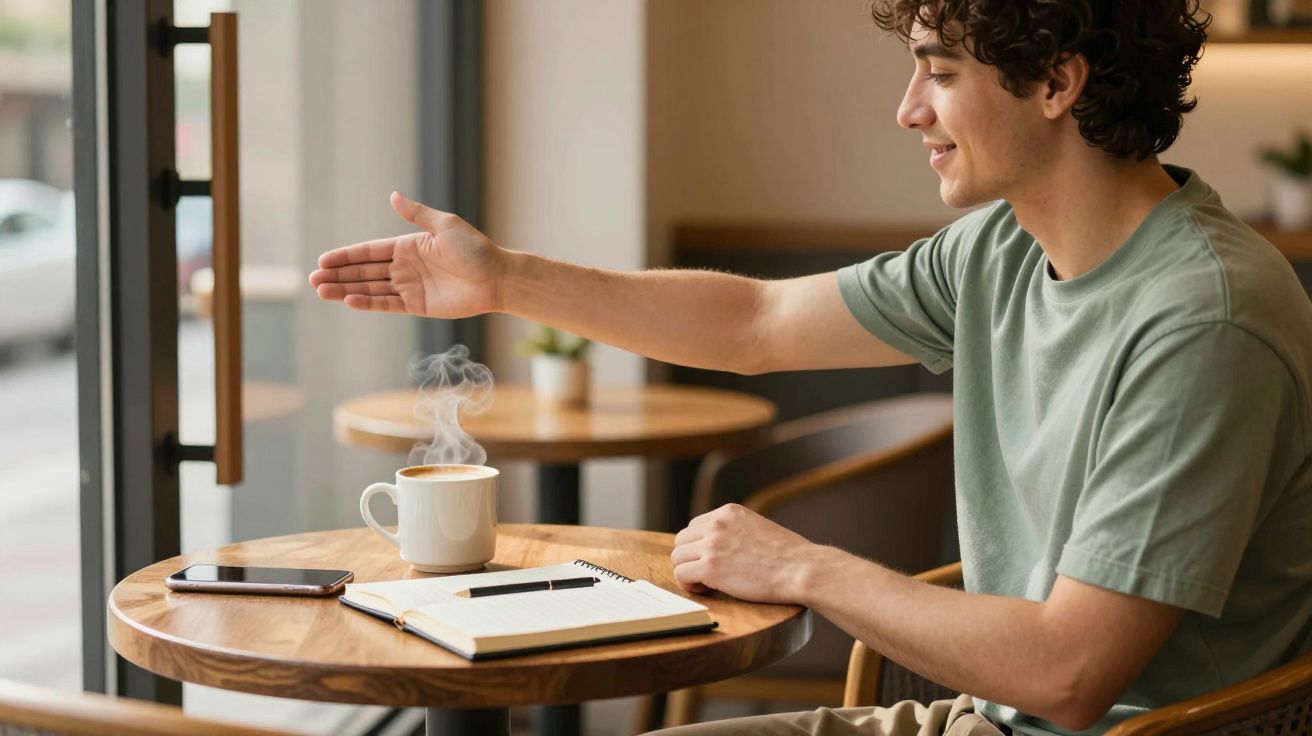 Hombre joven sentado en una cafetería, gesticulando con la mano, con taza de café humeante y libreta en la mesa.