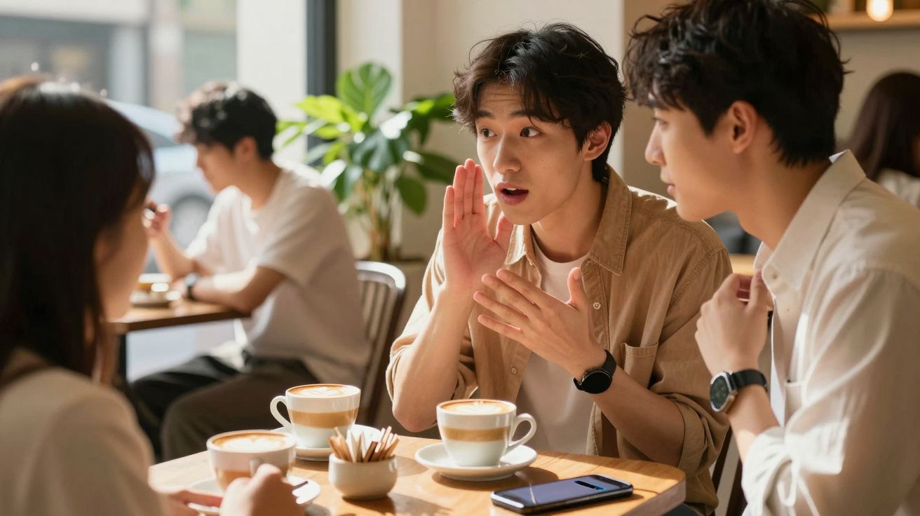 Tres personas conversan en una cafetería, con cafés y móviles sobre la mesa, en un ambiente iluminado y moderno.