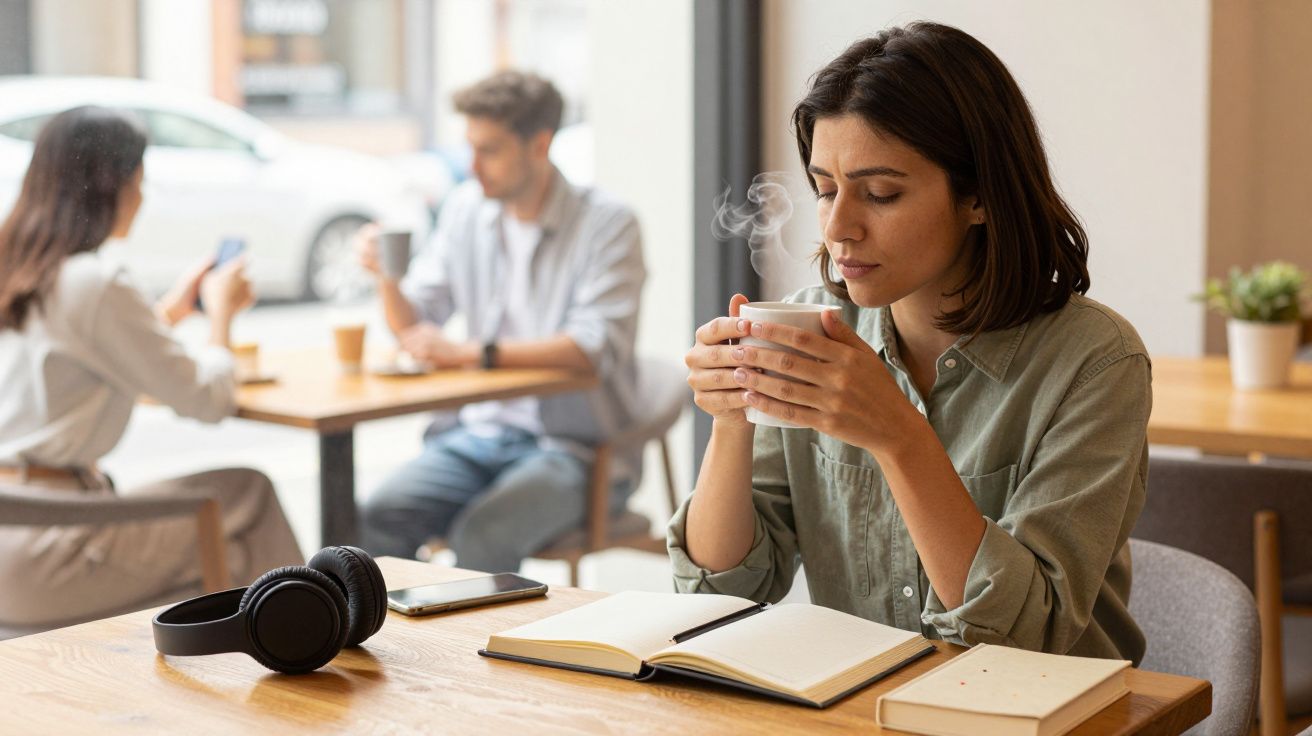 Mujer tomando café en una cafetería, con libros y auriculares sobre la mesa. Al fondo, dos personas conversan.