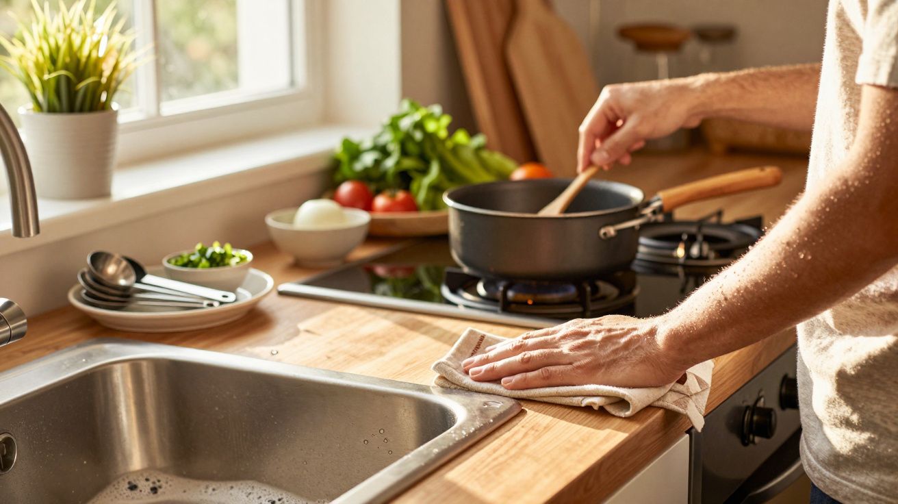 Persona cocinando en una cocina luminosa, removiendo en una olla sobre el fuego, con verduras y utensilios alrededor.