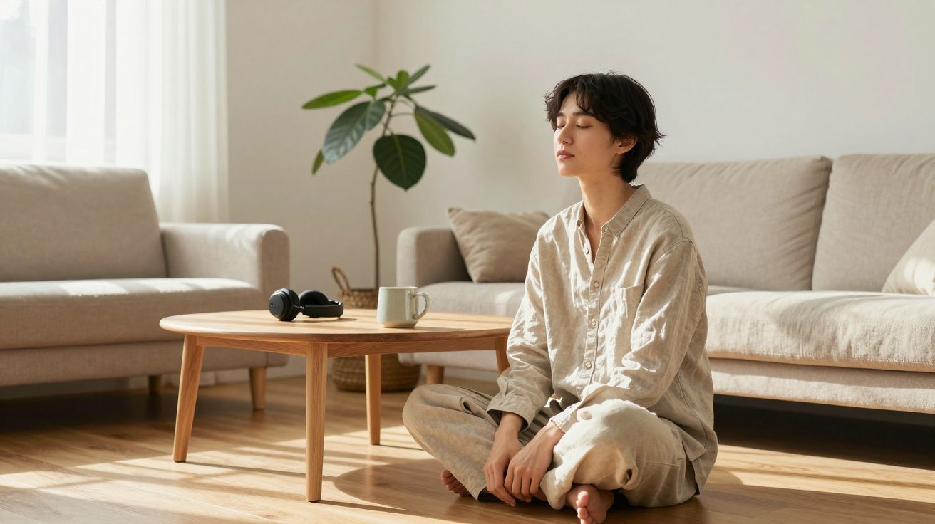 Persona meditando en el suelo de una sala de estar luminosa, con muebles claros y una planta al fondo.