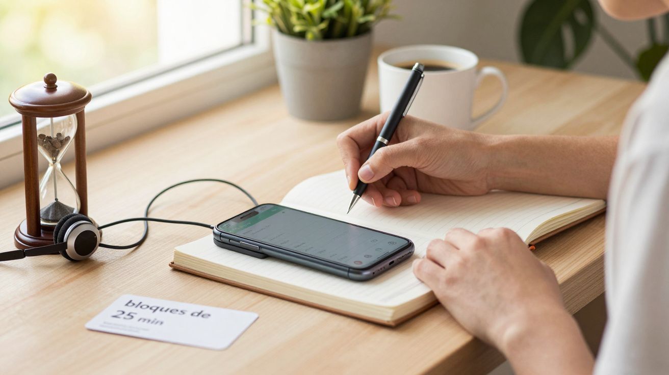 Persona escribiendo en un cuaderno junto a un reloj de arena, móvil y auriculares sobre un escritorio iluminado.