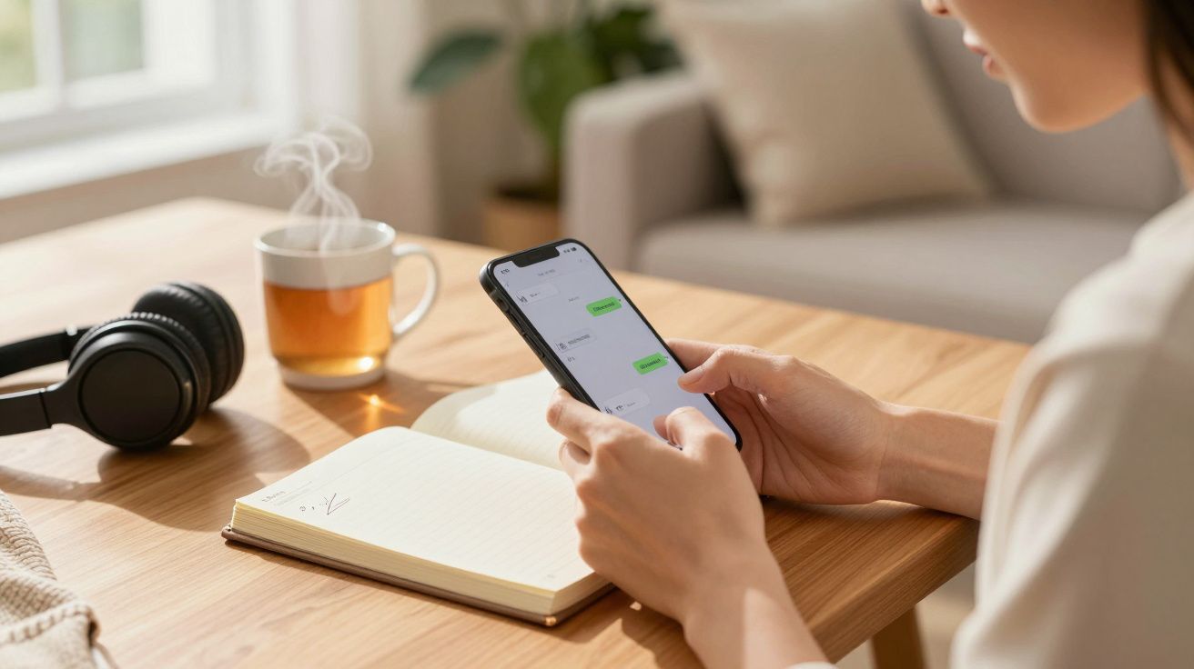 Persona sosteniendo un móvil con mensajes de texto, junto a unos auriculares, un cuaderno y una taza de té sobre la mesa.