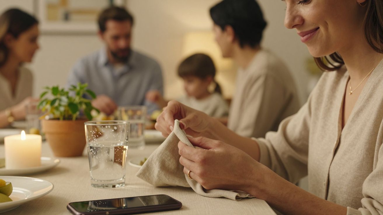 Mujer sonriendo mientras prepara la mesa; hay más personas al fondo y una vela encendida sobre la mesa.