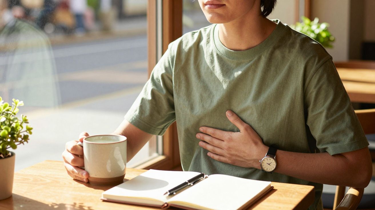 Persona con camiseta verde, sentada junto a una ventana, sostiene una taza y se toca el pecho con la otra mano.