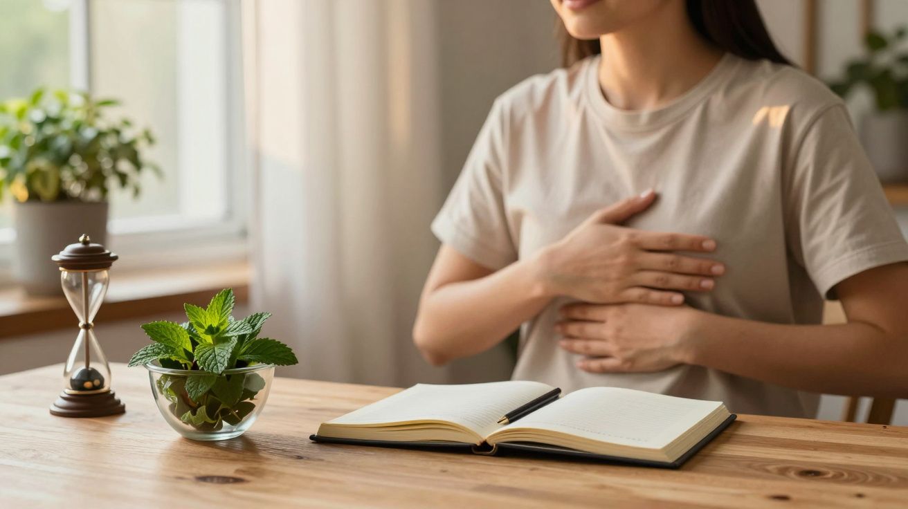 Mujer sentada tocándose el pecho, con un libro abierto y una planta en una mesa de madera al lado de un reloj de arena.