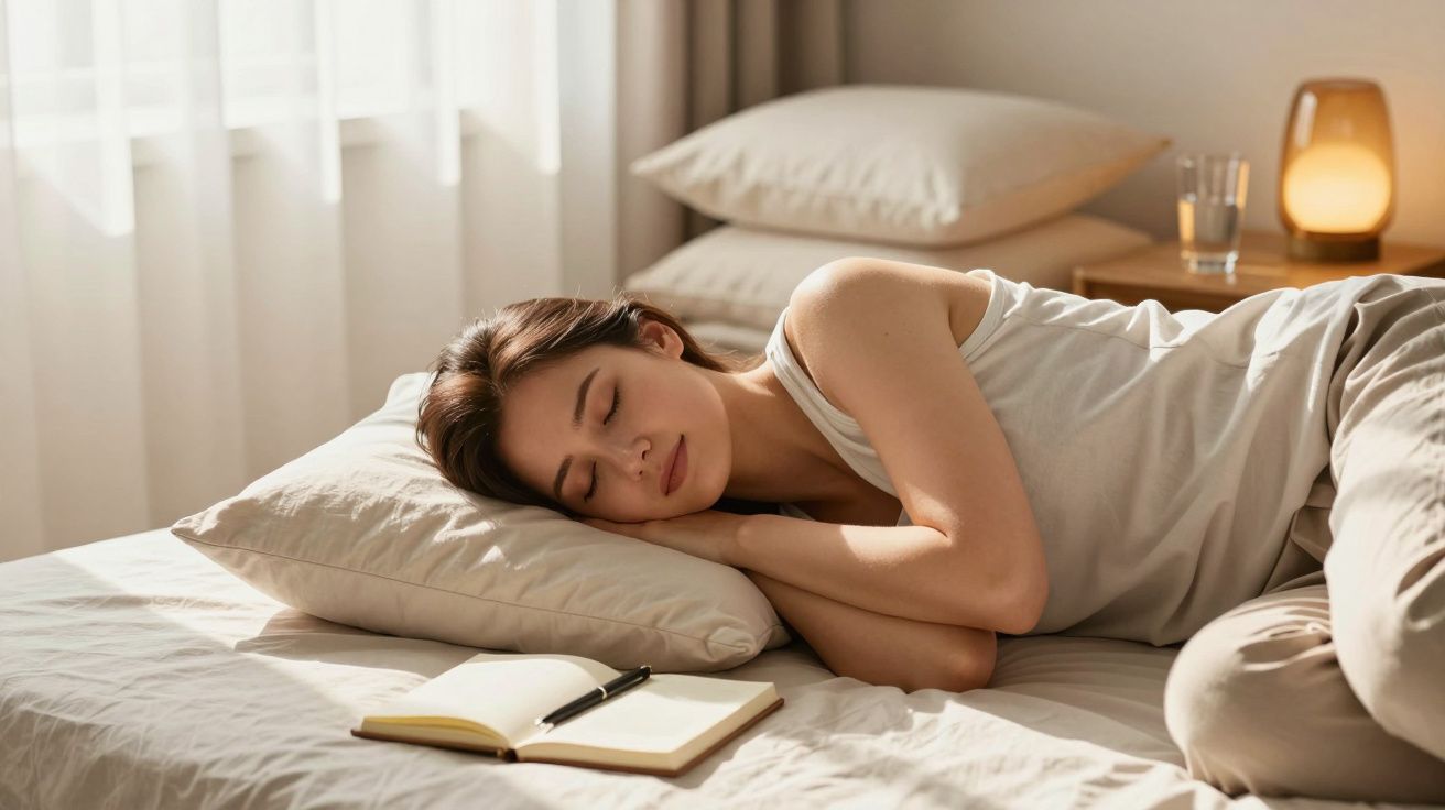 Mujer durmiendo en una cama con un bloc de notas y bolígrafo al lado, luz suave en la habitación.
