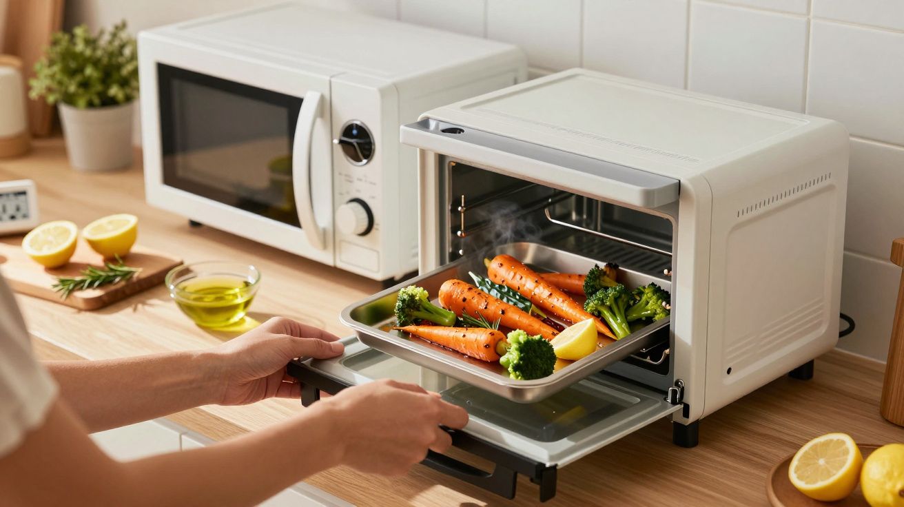 Persona colocando verduras en una bandeja dentro de un horno pequeño, con microondas y limones en la encimera.