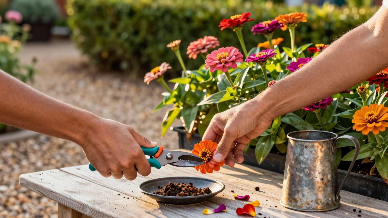 Dos personas cortan una flor anaranjada con tijeras de podar sobre una mesa de madera en un jardín soleado.
