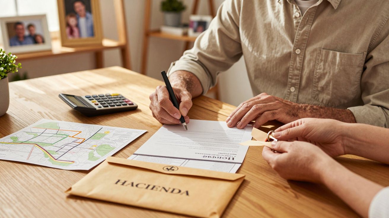 Persona firmando documentos en una mesa, junto a un sobre con la palabra "Hacienda" y una calculadora.