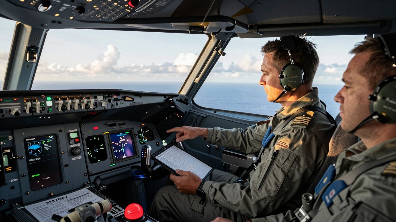 Dos pilotos en cabina controlan avión en vuelo, uno revisa documentos, el otro observa instrumentos.