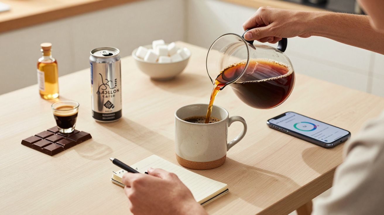 Persona sirviendo café en una taza sobre una mesa con chocolate, móvil, cuaderno y bebidas.