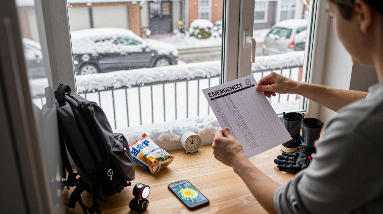 Persona preparando equipo de emergencia en casa, con nieve afuera. Hay mochila, comida, móvil y lista de emergencia.