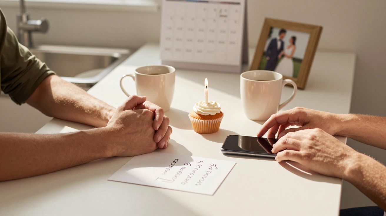 Dos personas sentadas frente a frente, con un cupcake con vela, dos tazas y un teléfono sobre la mesa.
