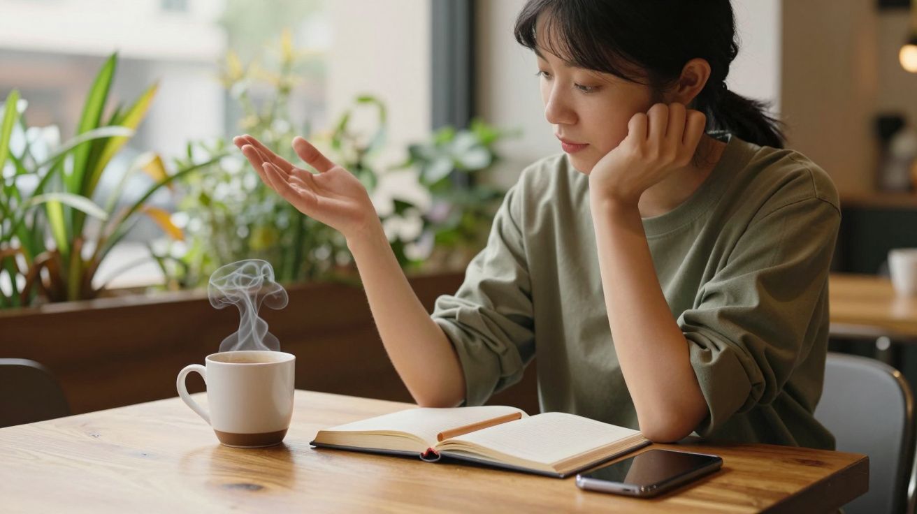 Mujer leyendo con una taza de café humeante sobre una mesa de madera, junto a una ventana con plantas.