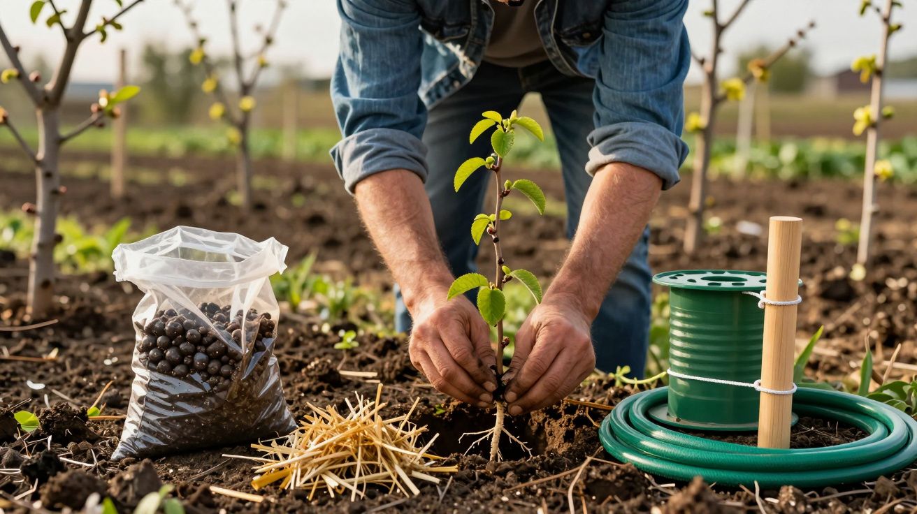 Persona plantando un árbol joven en el campo con herramientas de jardinería alrededor.