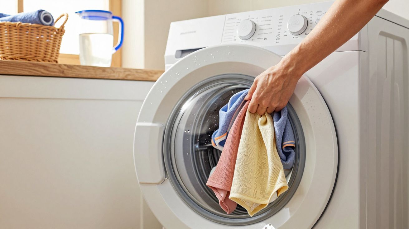 Persona sacando toallas de colores de una lavadora en una lavandería iluminada por el sol.