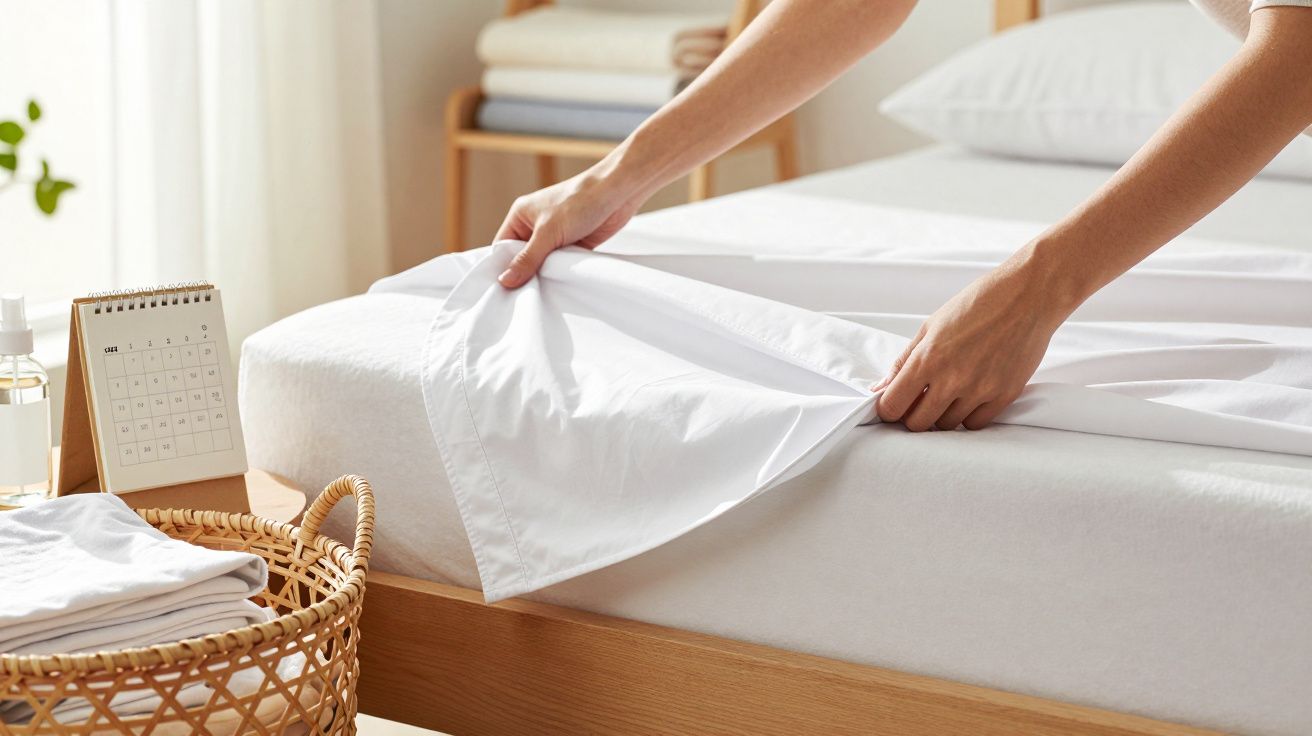 Persona poniendo sábanas blancas en una cama en una habitación iluminada por la luz natural.