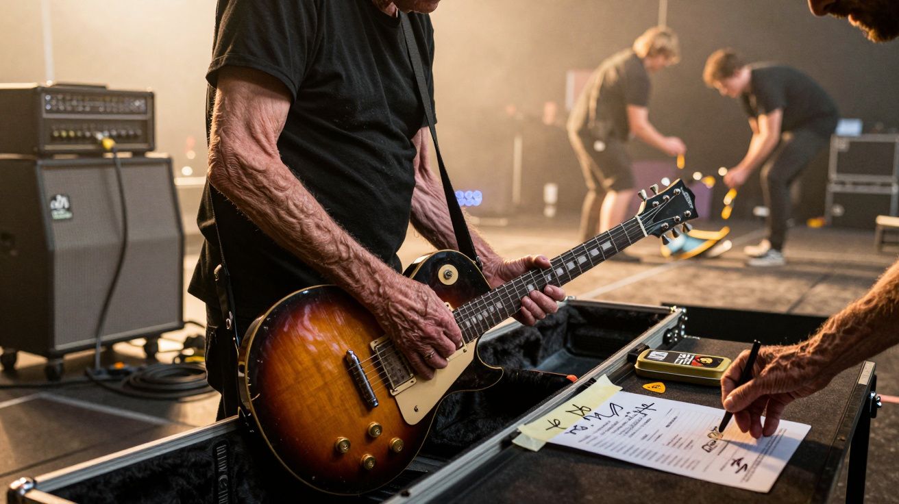Músico revisando lista de canciones junto a su guitarra en el escenario; técnicos preparando el equipo detrás.
