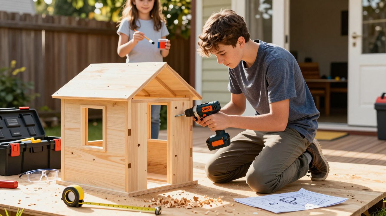 Niño construye una casita de madera con un taladro en un jardín. Niña pinta cerca. Herramientas y planos en la mesa.
