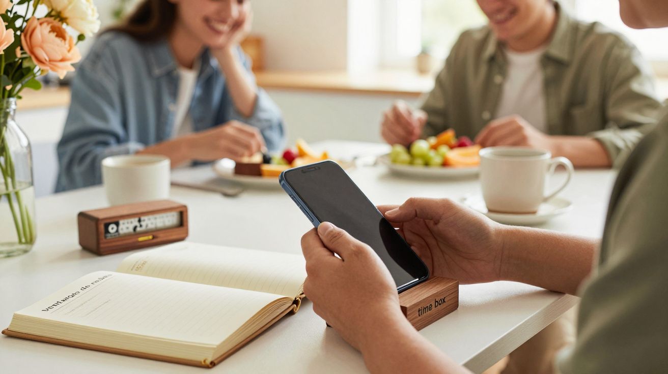 Persona con móvil en mano en una mesa con libro abierto, taza de café y florero, dos personas conversan al fondo.