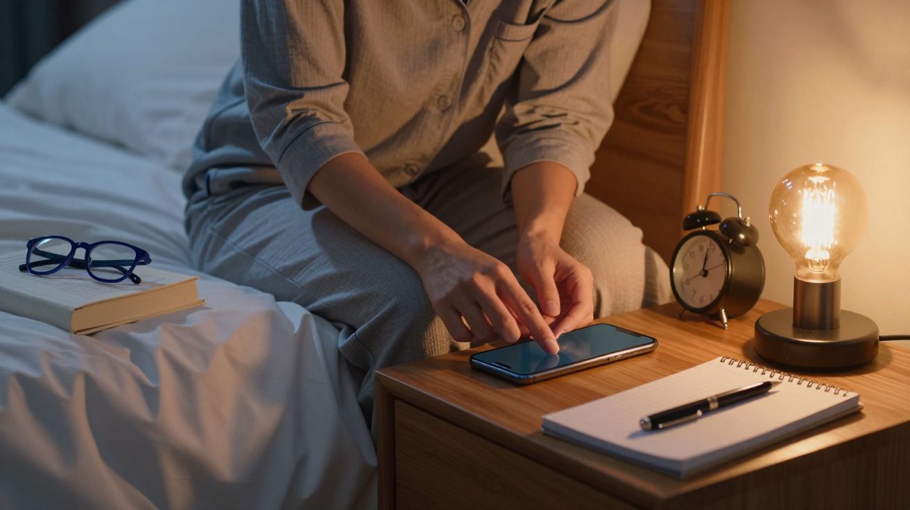 Persona usando un móvil en la cama junto a un libro, gafas, libreta y despertador en la mesita de noche iluminada.