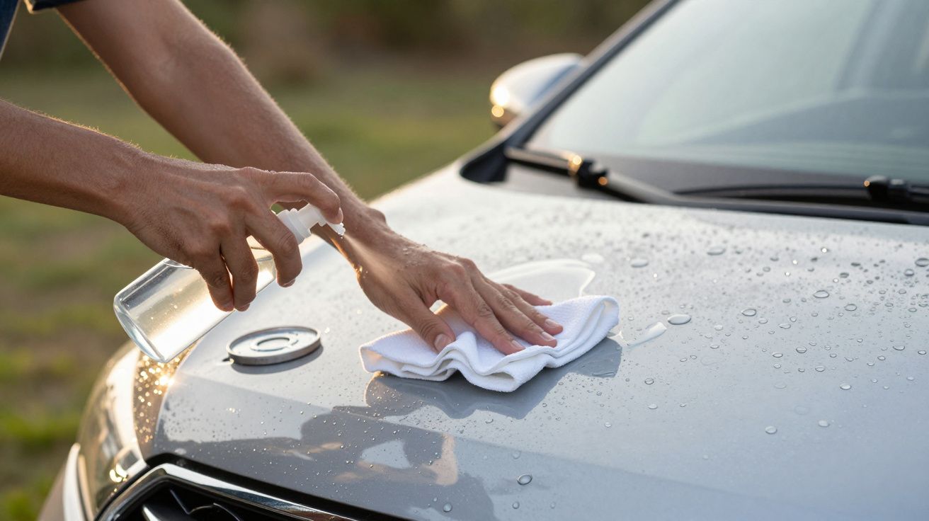 Manos limpiando capó de coche gris con paño blanco y botella de spray.