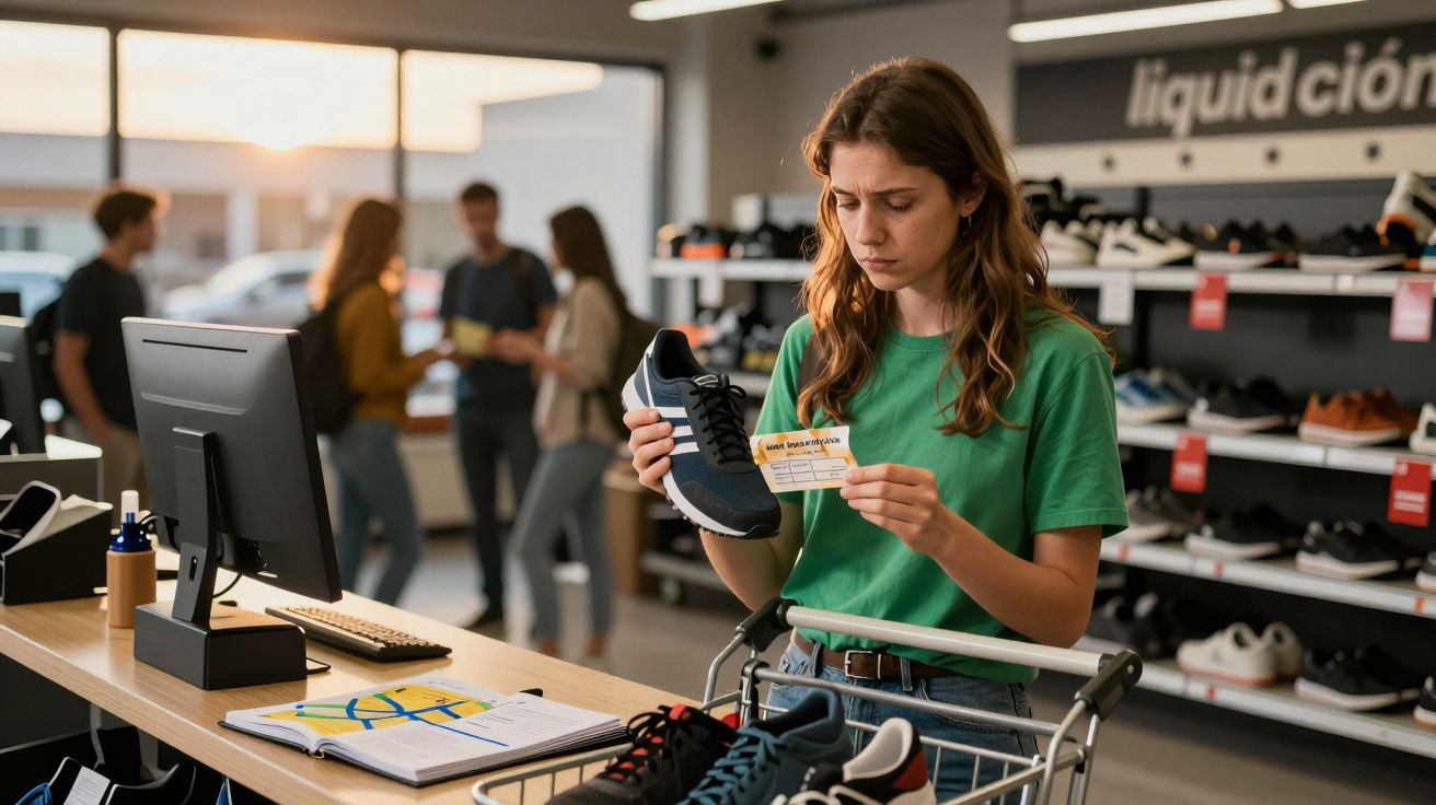 Mujer joven en tienda de zapatillas sostiene etiqueta de precio, mirando pensativa. Gente de fondo viendo zapatos.