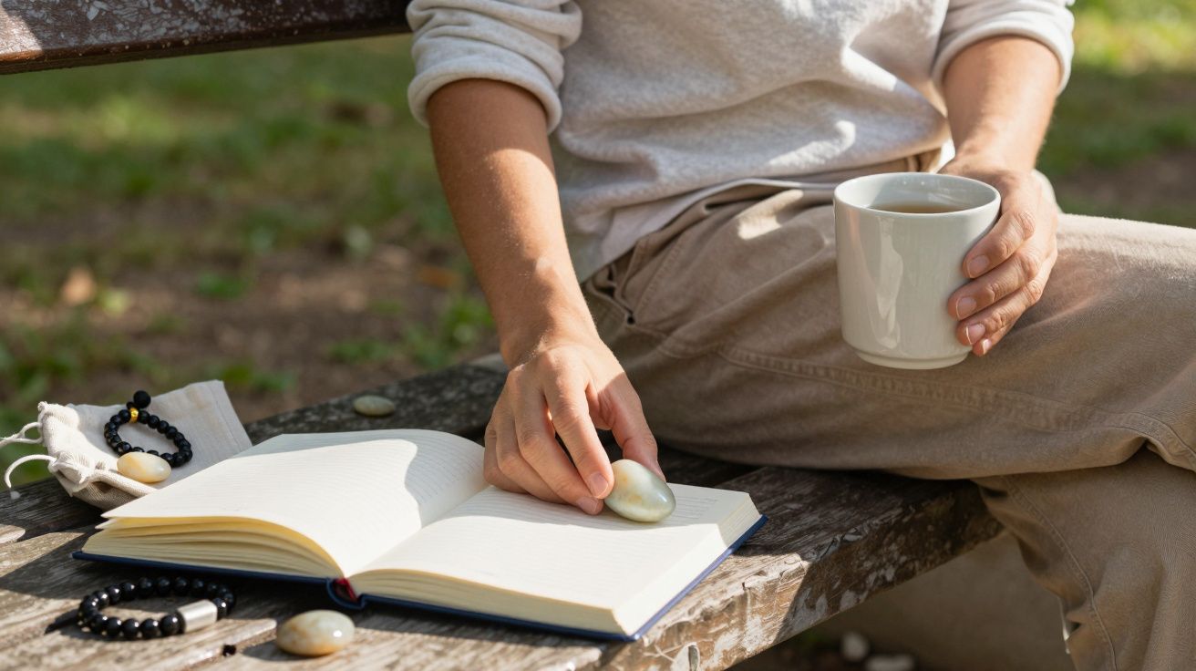 Persona sentada en un banco al aire libre, sosteniendo una taza y una piedra sobre un libro abierto junto a cuentas de oració