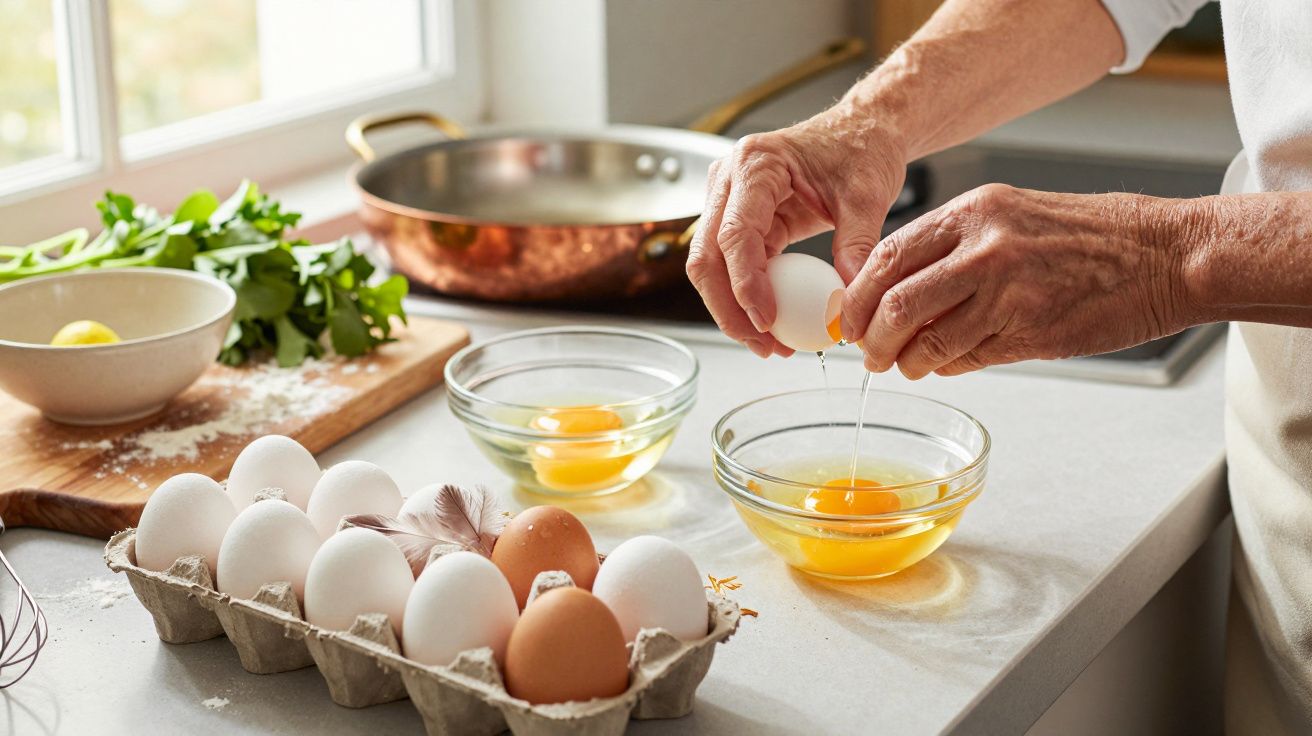 Persona rompiendo huevos en un bol sobre una encimera con huevos, hierbas y sartén de fondo.