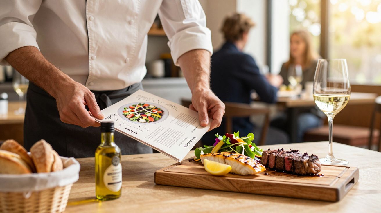 Chef presentando un plato de carne y ensalada en un restaurante, con carta de menú y copa de vino blanco en mesa.