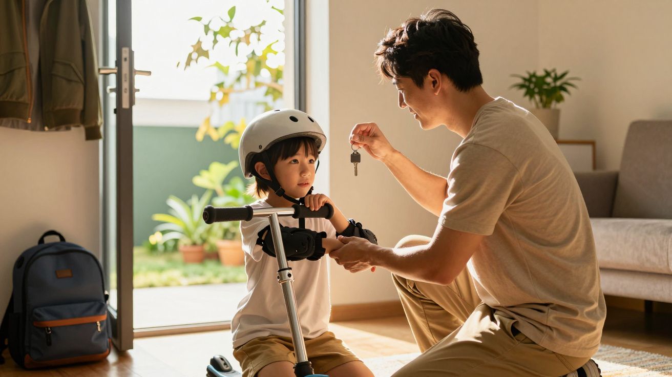 Padre entregando llaves a hijo con casco de bicicleta en casa iluminada, junto a patio y mochila azul.