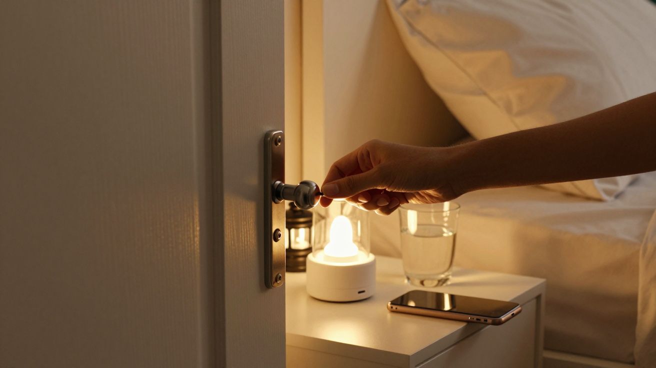Mano abriendo la puerta de un dormitorio iluminado con lámpara, vaso de agua y móvil en la mesita de noche.