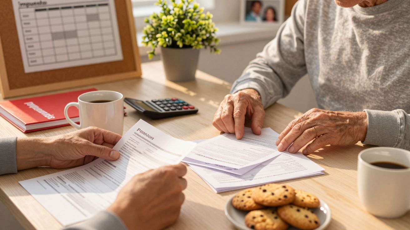 Dos personas revisan documentos sobre una mesa con café, galletas y una calculadora.