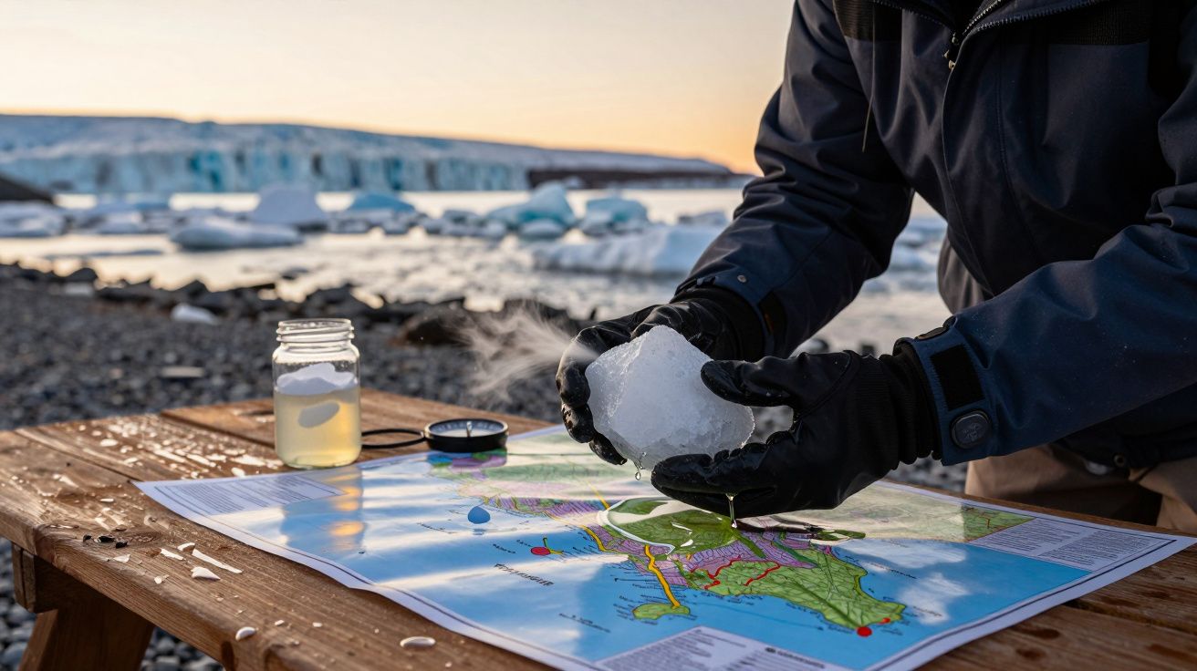 Persona con guantes sosteniendo un bloque de hielo sobre un mapa en una mesa de madera, con el mar y hielo al fondo.