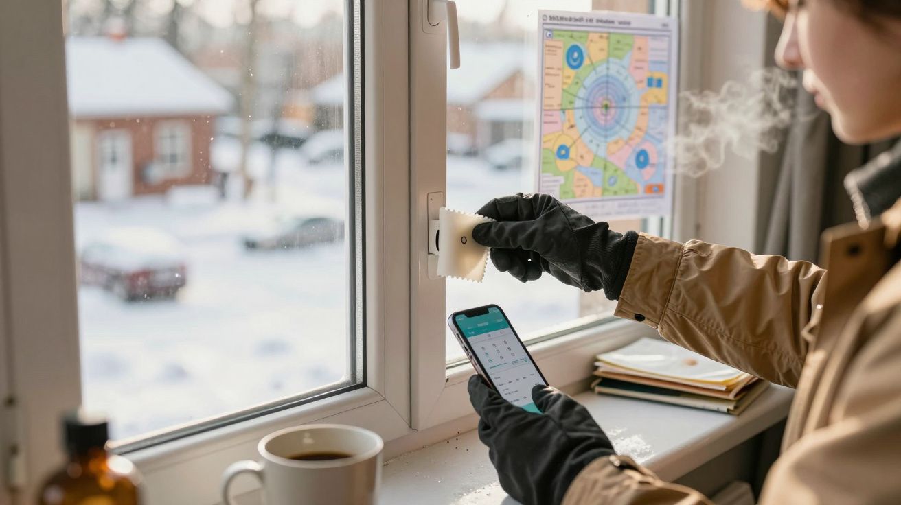 Persona ajustando la ventana con móvil en mano, usando guantes. Afuera se ve un paisaje nevado.