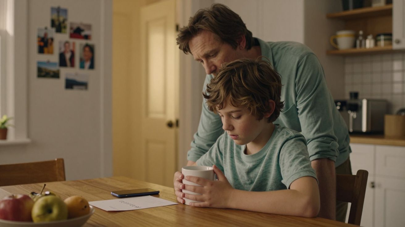 Padre abrazando a su hijo en la cocina. El niño sostiene una taza, y en la mesa hay un cuenco de frutas y un papel.
